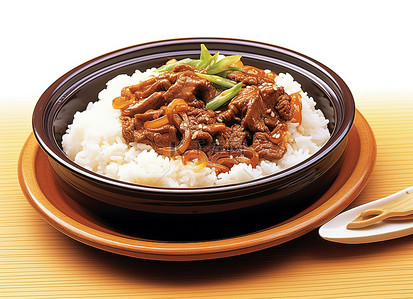 棕色桌子背景图片_一个棕色的圆锅，里面有肉米饭和洋葱