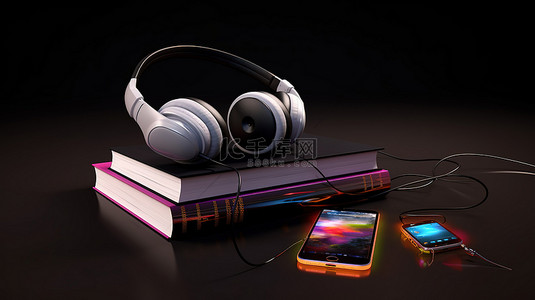 智能教室背景图片_智能手机耳机和书籍的 3D 渲染