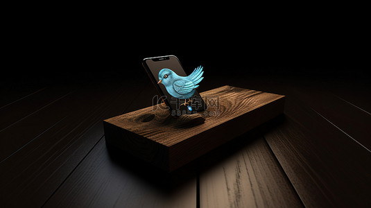 桌面应用程序图标背景图片_通过 3d 渲染的智能手机在木制桌面上显示 Twitter 应用程序徽标