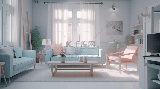 抱枕样机背景图片_浅色家具粉蓝粉色沙发客厅背景