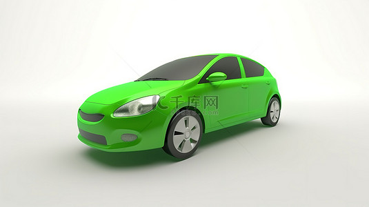 空白画布工作室中的绿色汽车 3D 渲染和说明