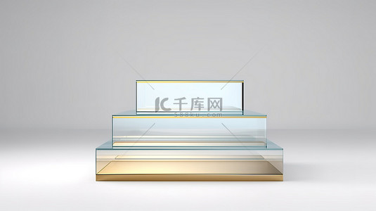 台阶玻璃背景图片_高架玻璃讲台，带有金色台阶和白色背景 3D 渲染上的照明玻璃框架