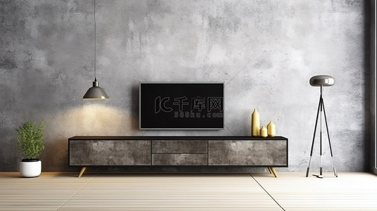 家具设计电视柜背景图片_带电视柜的混凝土墙房间 3D 渲染设计