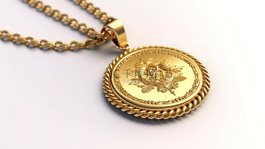 金色的链条背景图片_白色背景下链条上悬挂的闪亮金色奖章的 3D 渲染