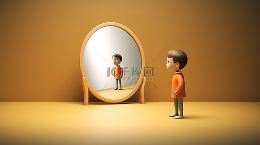 一个孩子凝视着带有复制空间的镜子的卡通插图