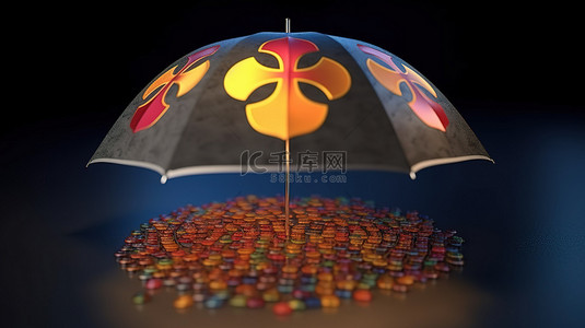 当波纹硬币如雨点般落下 3D 插图时，用加密保护伞保护您的投资