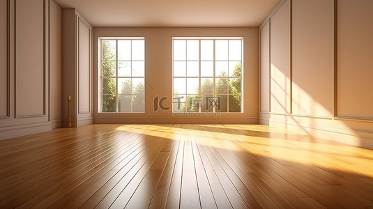 没有家具的木屋内光线充足的内部 3D 渲染