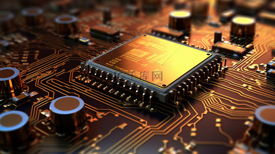 科技背景电子芯片背景图片_带有电子芯片的电路板的 3D 渲染
