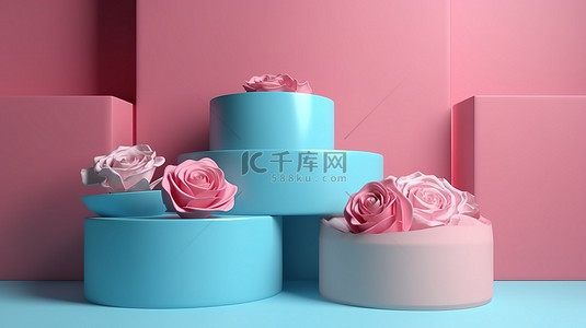 玫瑰和蓝色糖果色讲台，用于 3D 渲染中的产品展示