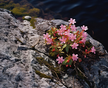 粉红色的花朵生长在靠近水的岩石上
