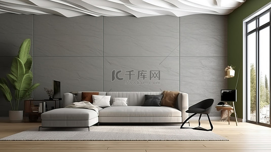 房间内背景图片_以 3D 呈现的当代设计房间内时尚的灰色壁纸内饰