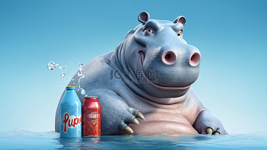 胖的背景图片_有趣的 3d 河马挥舞着标语牌和碳酸饮料