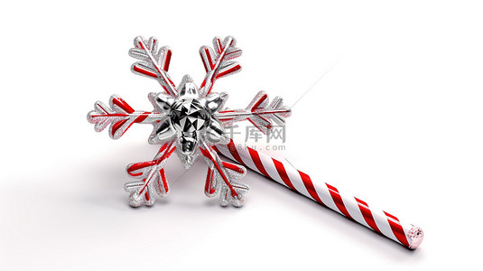 白色背景的 3D 渲染，带有雪花装饰的圣诞糖果手杖
