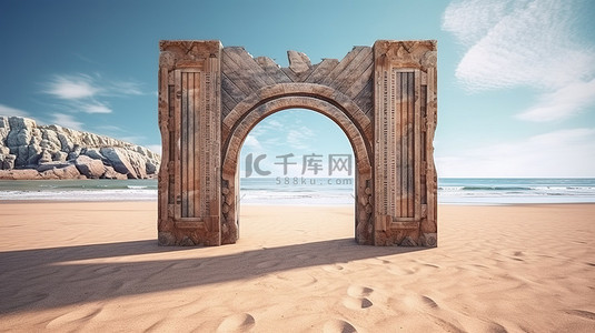 宁静的海洋或海沙滩上带有中世纪拱门的开放木制城堡门的 3D 渲染