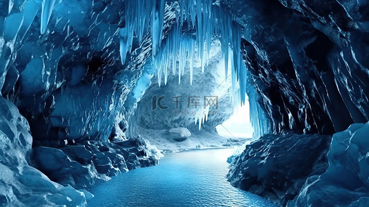 山地河流背景图片_冰冻洞穴绿洲 3d 渲染冰柱中的蓝色水流