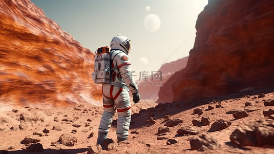 班级愿景背景图片_探索火星景观的宇航员以 3D 渲染的未来火星殖民的概念愿景