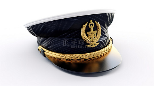 出海船舶背景图片_带有金色锚徽的白色背景海洋水手帽的 3D 渲染