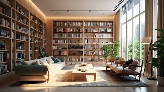 带图书馆的现代化生活空间干净设计的 3D 表现