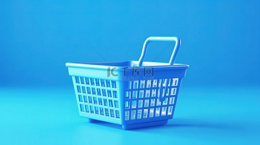 简约蓝色卡通杂货购物篮的双色调 3D 渲染