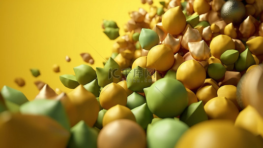 黄色和绿色 3D 球体和锥体悬停在浅棕色背景上方的空气中