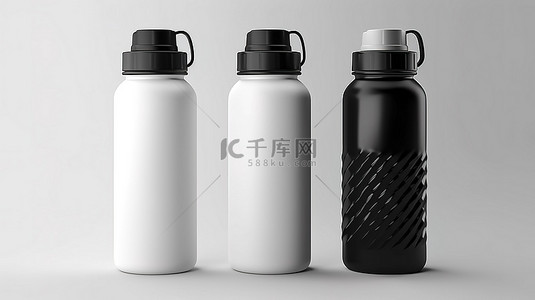 3d 渲染孤立的黑白水瓶，用于白色背景上的运动