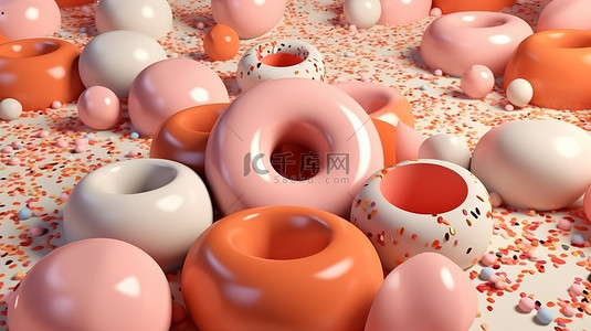 马赛克背景背景图片_平静的珊瑚甜甜圈球体和汇聚在表面上的几何物体的 3D 渲染