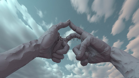 亚当和上帝的创造场景以 3D 插图再现，双手几乎触碰