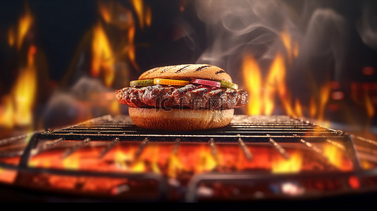 美味熟牛肉背景图片_3d 渲染的火焰烤汉堡包