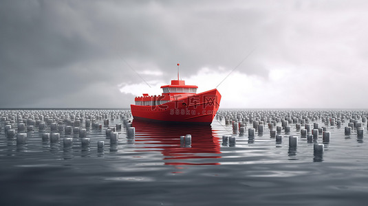 在领导力的水域中航行一艘获胜的红船的 3D 插图