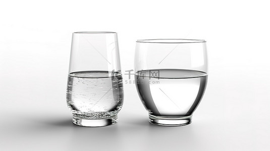 玻璃杯子背景图片_透明玻璃和水填充玻璃在 3D 渲染中隔离在白色背景上