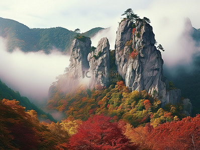 枫叶山背景图片_一座山在云层覆盖的树木之间突出