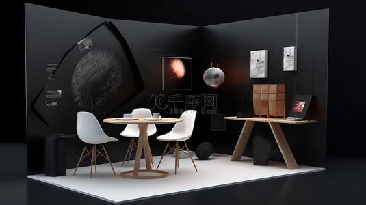 创新原创的 3D 展台展示，配有定制桌椅信息板和易拉宝横幅