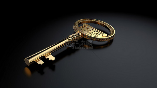 光滑金属表面 3D 设计上闪亮的金钥匙徽章
