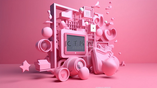 粉红色几何插图与 3D 渲染社交媒体相框和喜欢按钮