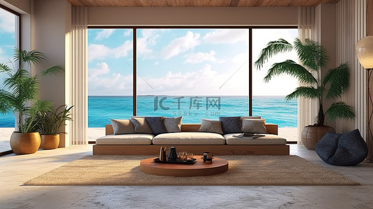 家庭避风港背景图片_3D 渲染的海滨住宅内部是一个舒适的避风港