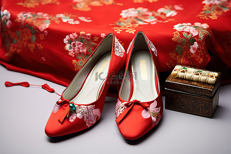 鞋包背景图片_中国传统红鞋和钱包