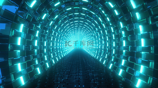 发光隧道背景图片_蓝色和绿色的发光隧道令人眼花缭乱的 3D 抽象几何图案插图