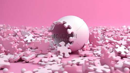 解决商业难题粉红色背景创意插图上的 3D 拼图