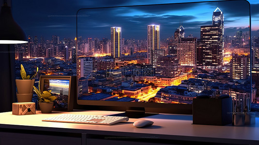 办公室工作室背景下带有白色显示器和城市夜景的电脑桌的 3D 渲染特写