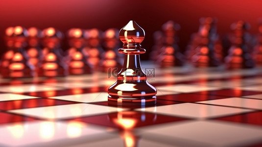 位于棋盘上的红色国际象棋主教的 3D 渲染