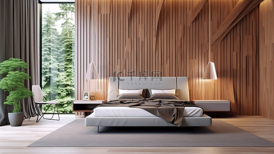 时尚的 3D 渲染现代卧室，配有装饰垂直木图案墙