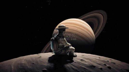 在月亮背景图片_土星宇航员坐在 3d 创建的令人眼花缭乱的太空背景上