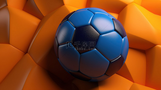 足球蓝色背景图片_橙色背景与 3d 蓝色和黄色皮革足球