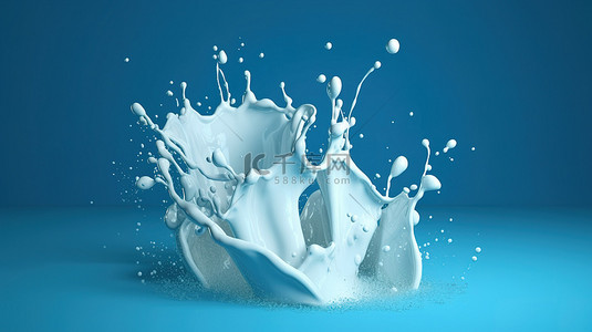3D 渲染中带有牛奶飞溅的蓝色背景