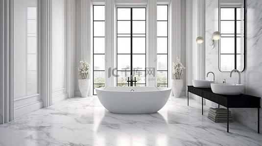 酒店浴缸背景图片_带玻璃浴缸和白色大理石设计的现代浴室的 3D 渲染