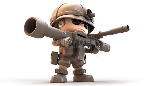 孤立的 3D 卡通士兵角色在白色背景上挥舞着突击枪，并带有剪切路径