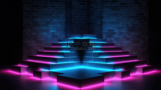 抽象的深色砖背景与蓝色和粉红色霓虹灯照亮的领奖台边界在 3D 渲染中