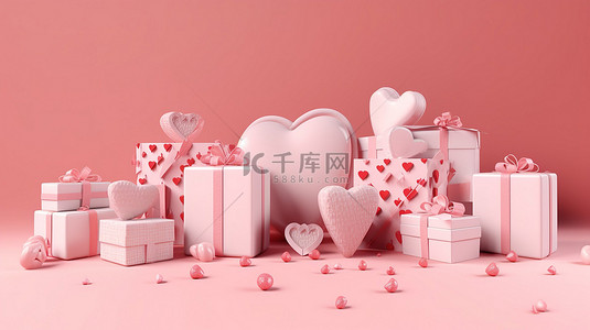 柔和的粉红色背景中 3d 的衷心礼盒