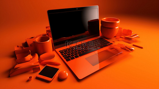 橙色主题办公桌配件和 3d 笔记本电脑