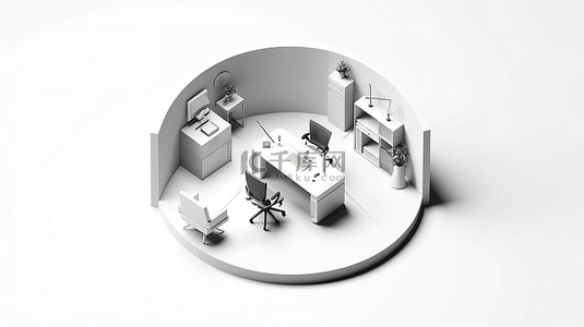 电脑椅子背景图片_带书桌和椅子的等距办公空间的单色 3D 图标